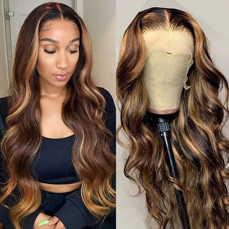180% DENSITY - 100% Brazilian Human Hair - 180% BODY WAVE Honey Blonde Piano Color Transparent lace pre-plucked
